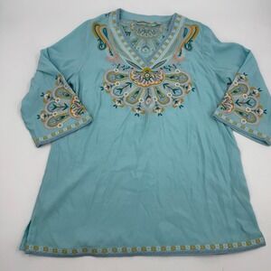 Soft Surroundings Embroidered‎ Tunic Top Bohemian V Neck Aqua Blue Size S